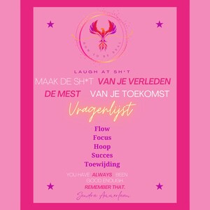 May include: Pink motivational poster with a phoenix graphic and the text "How to be real". The poster also includes the text "Laugh at sh*t. Maak de sh*t van je verleden de mest van je toekomst. Vragenlijst. Flow. Focus. Hoop. Succes. Toewijding. You have always been good enough. Remember that. Sandra Ammerfaan."