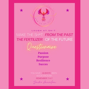 Puede incluir: Un póster motivacional rosa con un gráfico de fénix y el texto "HOW TO BE REAL". El póster también incluye el texto "LAUGH AT SH*T MAKE THE SH*T FROM THE PAST THE FERTILIZER OF THE FUTURE Questionnaire Passion Purpose Resilience Succes YOU HAVE ALWAYS BEEN GOOD ENOUGH. REMEMBER THAT. Sandra Ammerfaan"