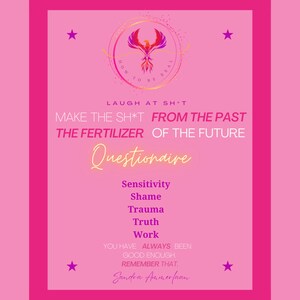 Puede incluir: Un póster motivacional rosa con un gráfico de fénix y el texto "How to be real". El póster también incluye el texto "Laugh at sh*t, make the sh*t from the past the fertilizer of the future. Questionnaire: Sensitivity, Shame, Trauma, Truth, Work. You have always been good enough. Remember that. Sandra Ammerfaan"