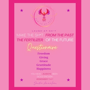 Puede incluir: Un póster motivacional rosa con un gráfico de fénix y el texto "How to be Real". El póster también incluye el texto "Laugh at sh*t, Make the sh*t from the past the fertilizer of the future. Questionnaire: Freedom, Giving, Grace, Gratitude, Happiness. You have always been good enough. Remember that. Sandra Ammerfaan"
