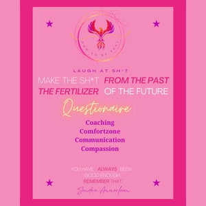 Puede incluir: Un póster rosa con un logotipo de fénix y el texto "HOW TO BE REAL" y "LAUGH AT SH*T". El póster también incluye las frases "MAKE THE SH*T FROM THE PAST THE FERTILIZER OF THE FUTURE" y "Questionnaire".