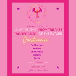 Puede incluir: Un póster motivacional rosa con un gráfico de fénix y el texto "How to be Real". El póster también incluye el texto "Laugh at sh*t, Make the sh*t from the past the fertilizer of the future. Questionnaire: Dedication, Desire, Endurance, Energy, Faith. You have always been good enough. Remember that. Sandra Ammerfaan"