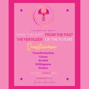Puede incluir: Un póster motivacional rosa con un gráfico de fénix y el texto "How to be Real". El póster también incluye el texto "Laugh at sh*t, Make the sh*t from the past the fertilizer of the future. Questionnaire: Transformation, Vision, Wealth, Willingness, Wishes. You have always been good enough. Remember that. Sandra Ammerfaan"