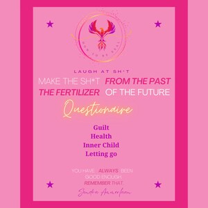 Puede incluir: Fondo rosa con un gráfico de un fénix que se eleva de las llamas en un círculo con el texto "How to be Real". El texto "Laugh at sh*t, Make the sh*t from the past the fertilizer of the future" está debajo del gráfico. El texto "Questionnaire" está debajo de eso. Una lista de temas para el cuestionario está debajo de eso: Guilt, Health, Inner Child, Letting go. El texto "You have always been good enough. Remember that." está debajo de la lista. El texto "Sandra Ammerfaan" está debajo de eso.