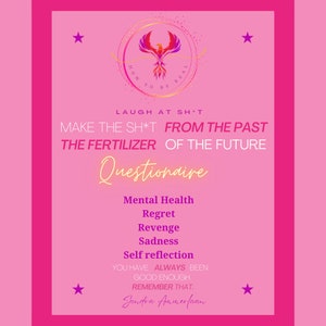 Puede incluir: Un póster motivacional rosa con un gráfico de fénix y el texto "How to be real". El póster también incluye el texto "Laugh at sh*t, make the sh*t from the past the fertilizer of the future. Questionnaire. Mental Health. Regret. Revenge. Sadness. Self reflection. You have always been good enough. Remember that. Sandra Ammerfaan."