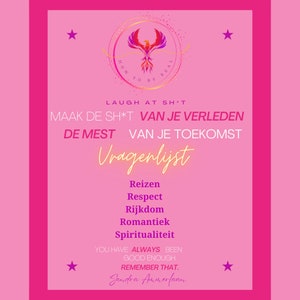 May include: Pink motivational poster featuring a phoenix graphic and the text "How to be real". The poster also includes the text "Laugh at sh*t, Make the sh*t of your past the fertilizer of your future. Question list: Travel, Respect, Wealth, Romance, Spirituality. You have always been good enough. Remember that. Sandra Ammerfaan"
