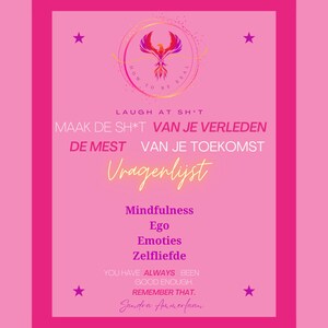 May include: Pink motivational poster with a phoenix graphic and the text "How to be real". The poster also includes the text "Laugh at sh*t. Maak de sh*t van je verleden de mest van je toekomst. Vragenlijst. Mindfulness. Ego. Emoties. Zelfliefde. You have always been good enough. Remember that. Sandra Ammerfaan."