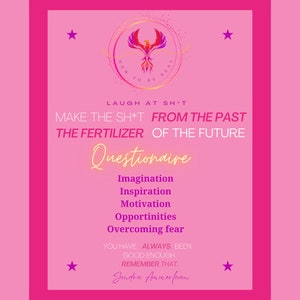 Puede incluir: Un póster motivacional rosa con un gráfico de fénix y el texto "How to be real". El póster también incluye el texto "Laugh at sh*t, make the sh*t from the past the fertilizer of the future." y "Questiondire: Imagination, Inspiration, Motivation, Opportunities, Overcoming fear. You have always been good enough. Remember that. Sandra Ammerfaan."
