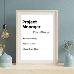 May include: A framed print with the words "Project Manager" in bold black font. Below the title are the words "Assumes Nothing", "Believes no-one", and "Checks Everything". The print is in a light wood frame.