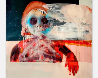 May include: Abstract painting of a figure with a white, blue, and red face. The figure is partially obscured by a white and pink background. The painting is signed "MASIFR" in the bottom left corner.