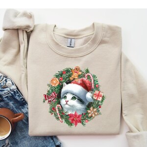 Cat Christmas Wreath Sweater,Cat Xmas Sweatshirt,Retro Cat Christmas Tshirt,Holiday Cat Lover Gift,Cat Christmas Gift,Kids Cat Xmas Tshirt