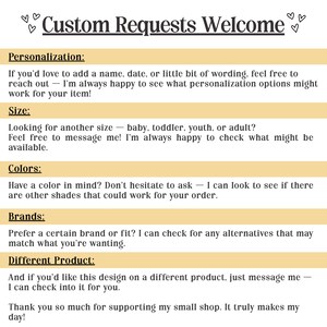 May include: A cream-colored graphic with the text "Custom Requests Welcome" at the top. The text below details options for personalization, size, colors, brands, and different products. The image ends with a thank you message.