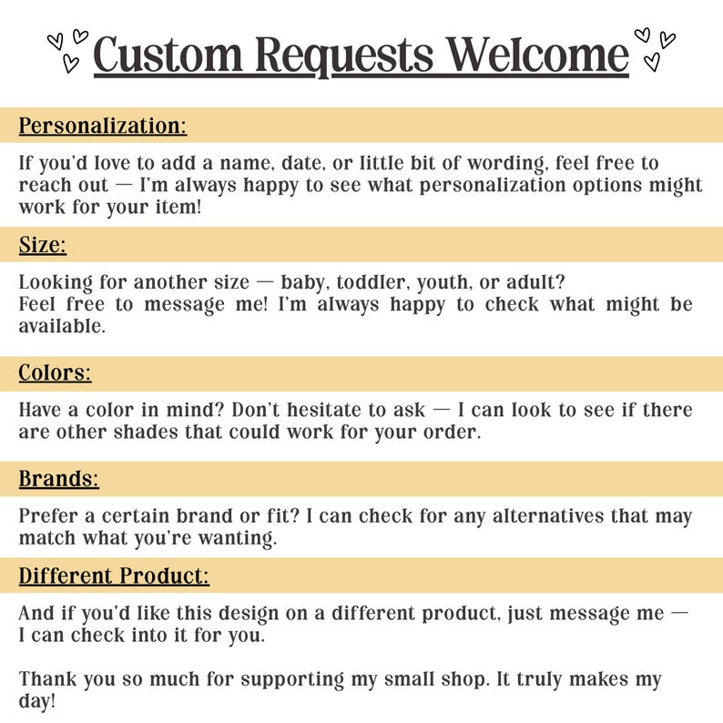 May include: A cream-colored graphic with the text "Custom Requests Welcome" at the top. The text below details options for personalization, size, colors, brands, and different products. The image ends with a thank you message.
