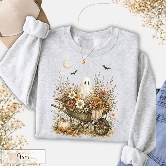 Floral Ghost Wheelbarrow Sweatshirt, Cottagecore Halloween Hoodie, Pumpkin Wildflower Ghost Hoodie, Cozy Fall Aesthetic Gift