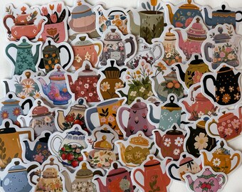 Floral Teapot Vinyl Stickers: Whimsical Journal Sticker Bundle