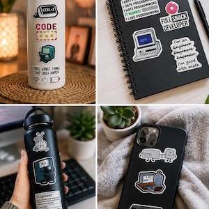 May include: A selection of items adorned with tech-themed stickers. Features a white water bottle with "CTRL+Z" and "CODE" stickers, a black notebook with "FULL SNACK DEVELOPER" text, a black water bottle with an "Engineer" sticker, and a black phone case with tech stickers.