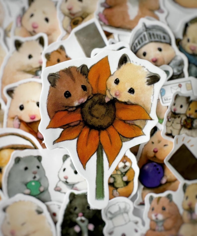 May include: Two cartoon hamsters are nestled in a large orange flower with a brown center. The hamsters are white and brown with pink noses and black eyes. The flower has a green stem.