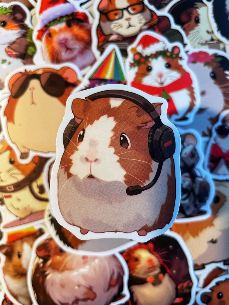 May include: A sticker of a brown and white guinea pig wearing a headset. The guinea pig has a brown head and brown ears, and a white face and body. The headset is black with a microphone.