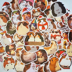 May include: A collection of colorful stickers featuring cartoon guinea pigs in various poses and wearing different hats and accessories. The stickers are perfect for adding a touch of whimsy to laptops, water bottles, journals, and other surfaces.