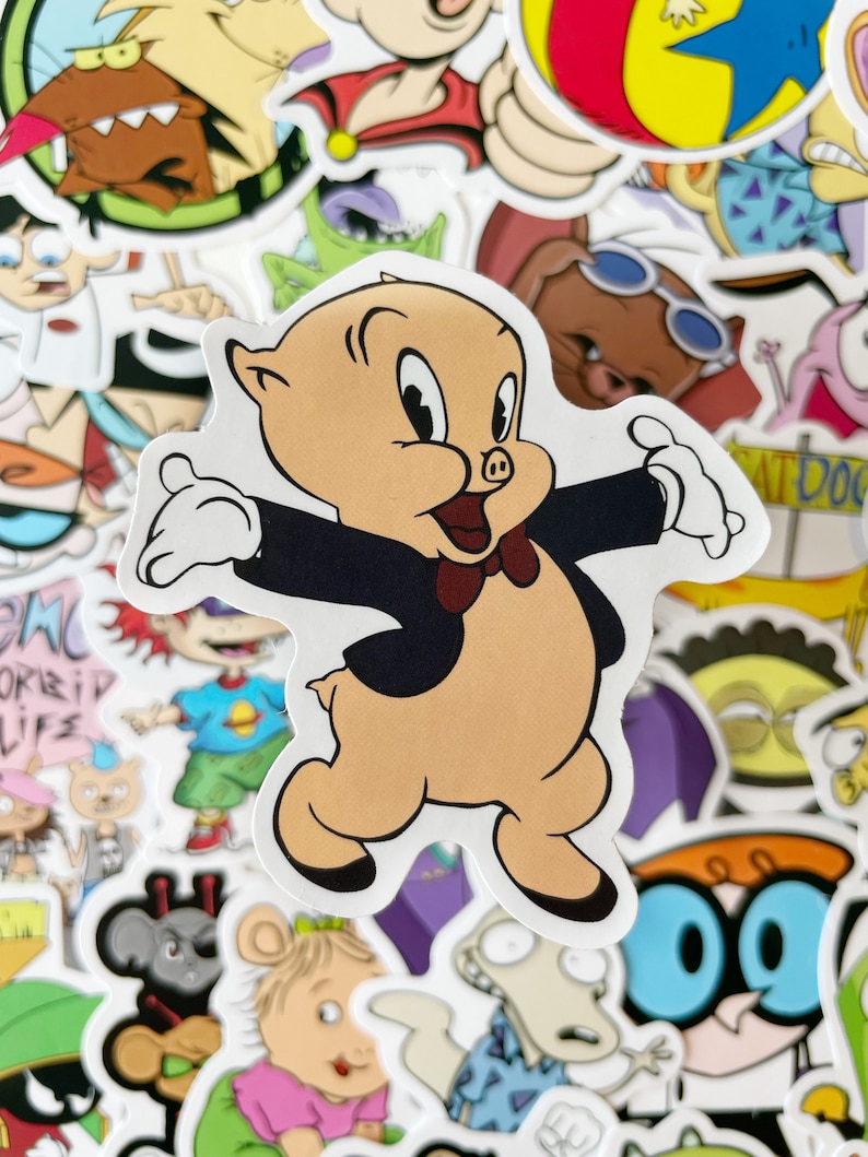 May include: A cartoon sticker of a pig wearing a tuxedo and a bow tie. The pig is standing on its hind legs with its arms outstretched. The sticker is white with a black outline.