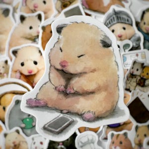 May include: A watercolor illustration of a hamster sitting on a white background with a cell phone in front of it. The hamster is brown and white and has a pink nose. The cell phone is gray and has a black screen.