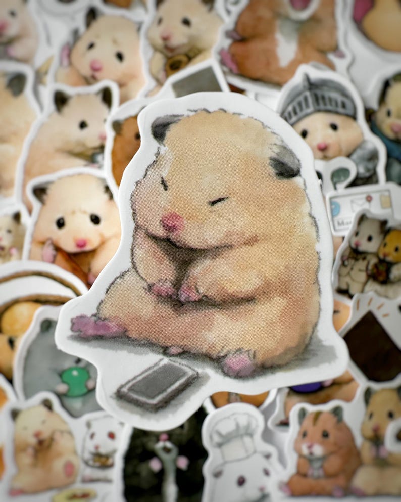 May include: A watercolor illustration of a hamster sitting on a white background with a cell phone in front of it. The hamster is brown and white and has a pink nose. The cell phone is gray and has a black screen.