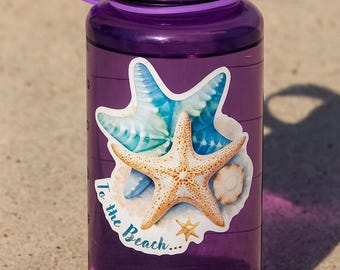 Vinylsticker strand: zeester, schelpen - waterdichte sticker