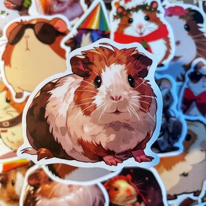 May include: A collection of colorful stickers featuring various cartoon guinea pigs. The stickers are printed on white paper and have a glossy finish. The guinea pigs are depicted in various poses and wearing different accessories, such as hats, glasses, and scarves.