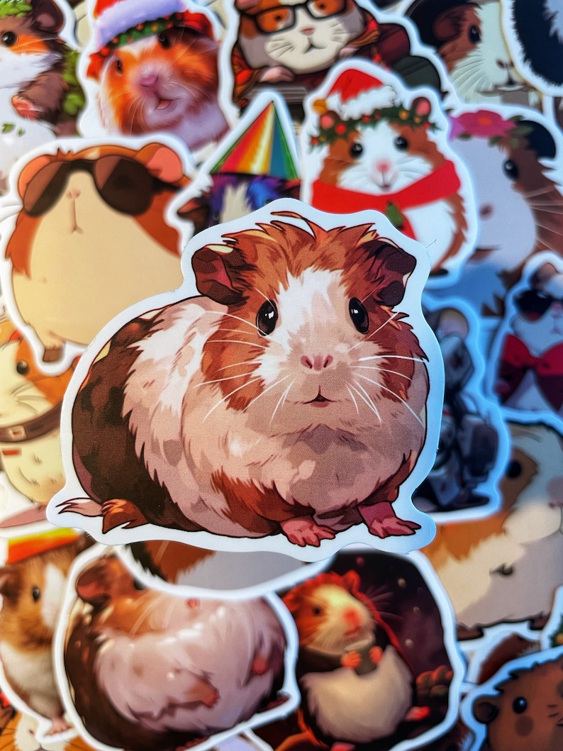 May include: A collection of colorful stickers featuring various cartoon guinea pigs. The stickers are printed on white paper and have a glossy finish. The guinea pigs are depicted in various poses and wearing different accessories, such as hats, glasses, and scarves.