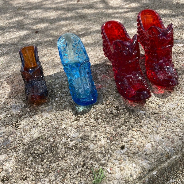 Glass shoe toothpick holder Fenton Glass Ruby red blue glass