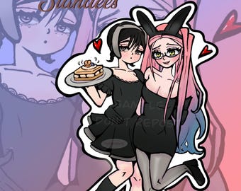 May include: Illustration of two anime-style characters, one holding a plate with a dessert. The characters are in black dresses and bunny ears. Text includes "Sua and Mizi Standees" and "Pre orders".