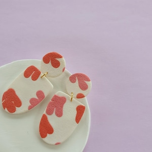 White dangle earrings with pink and orange patterns – Handmade jewelry – Minimalist lightweight earrings