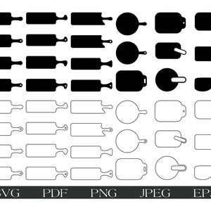 Könnte beinhalten: Ein Set mit 20 schwarzen und weißen Schneidebrett-SVG-, PDF-, PNG-, JPG- und EPS-Dateien. Die Schneidebretter haben verschiedene Formen, darunter rechteckig, rund und oval. Die Dateien sind perfekt für Basteln, Scrapbooking und andere DIY-Projekte.