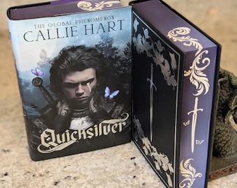 UK Hardcover Quicksilver by Callie Hart with custom purple ombre edges, sword and ornate stenciling, and hidden foil cover, special edition