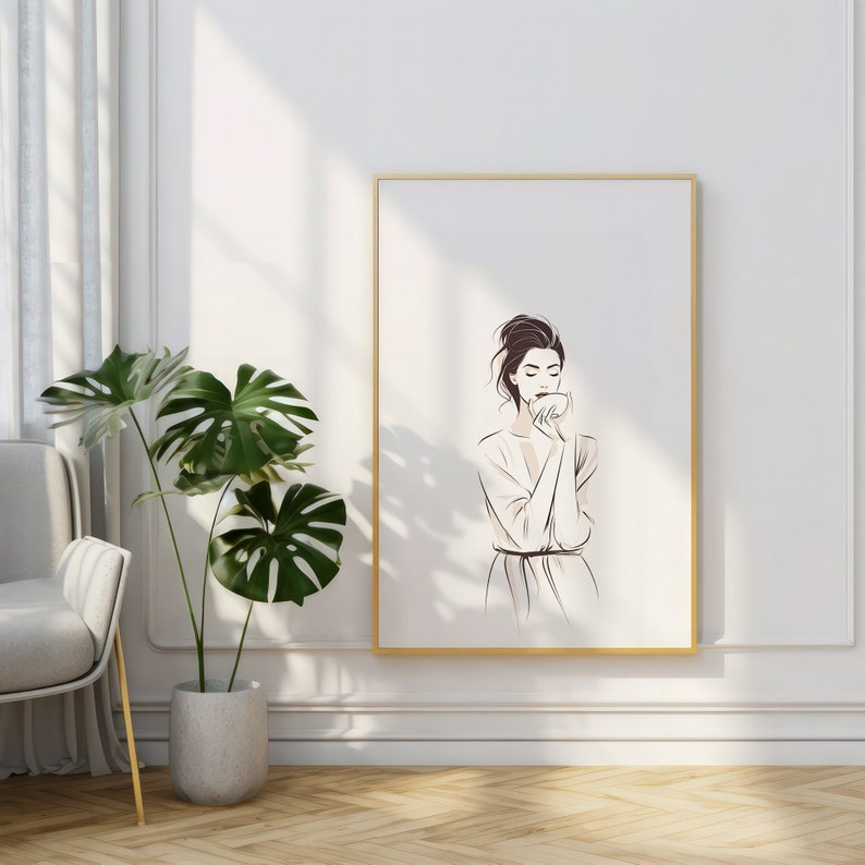 Puede incluir: Una ilustraci&oacute;n enmarcada de una mujer con una bata blanca sosteniendo una taza, con un fondo claro.