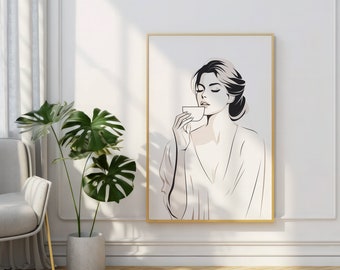 Impresión digital Arte de pared Descargar decoración de pared digital de moda Descarga instantánea Cartel vertical Mujer bebiendo café Dormitorio estético imprimible