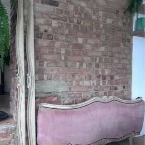 French Vintage Hand Carved Bed Footboard & Side Rails | Velvet Upholstered Antique Bed Frame Parts | Interior Design and DIY Project