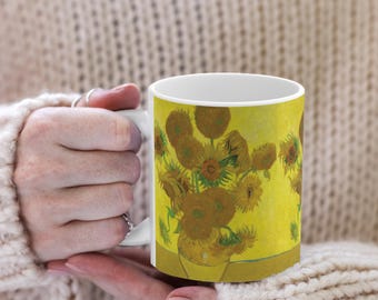 Taza de Van Gogh, taza de café, té, chocolate caliente, pintura de girasoles sobre amarillo, regalo para amantes del arte, decoración del hogar, vajilla de cocina, vacaciones