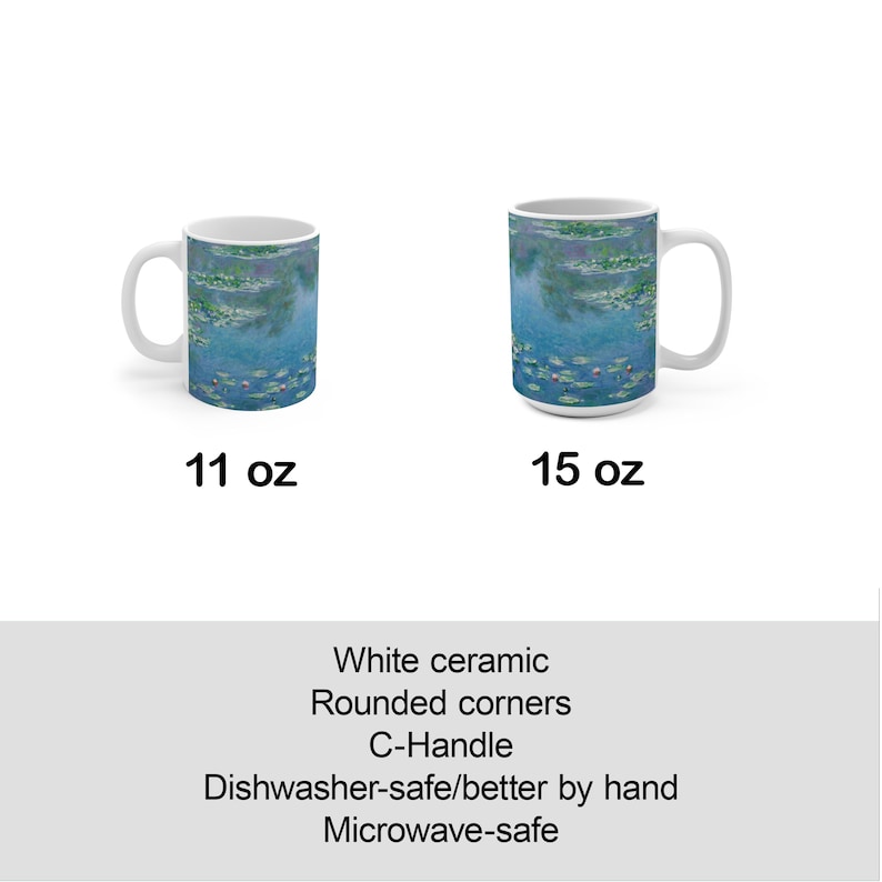 Puede incluir: Dos tazas de caf&eacute; de cer&aacute;mica blanca con esquinas redondeadas y asas en forma de C. Las tazas presentan una impresi&oacute;n de una pintura de nen&uacute;fares. La taza de la izquierda es de 11 onzas y la taza de la derecha es de 15 onzas.