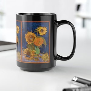 Van Gogh - The lost sunflowers from Arles on a black coffee, espresso or tea mug (11 oz or 15 oz) - A gift of art for him or for her!