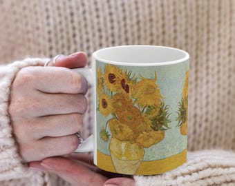 Taza de Van Gogh, taza para café, té y chocolate caliente, pintura de 3 girasoles, regalo para amantes del arte, decoración del hogar, vajilla de cocina, vacaciones, 11 oz o 15 oz