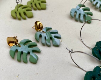 Monstera polymer clay earrings, stainless steel, handmade, polymer clay, earrings, handmade, artisan jewelry, woman,