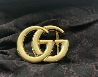 Vintage Gucci GG Gold Belt Buckle Reversible Leather Belt GG Monogram Iron Metal Spell Out Logo