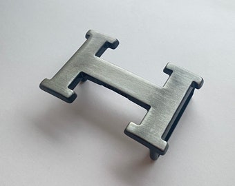 Boucle de ceinture Hermes vintage en cuir VTG H logo monogramme ceinture en métal fer réversible gris argenté