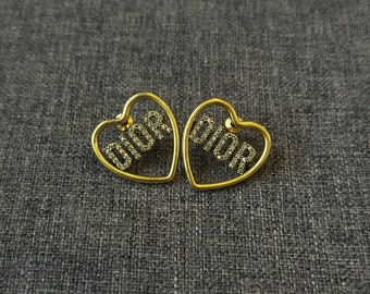 VTG Dior Vintage Golden Heart Earrings Rhinestones CD Heart Dangle Studs