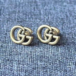 VTG GUCCI Golden Earrings Vintage Gold GG Monogram Small Logo Studs Stamp Stainless Steel