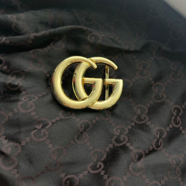 Vintage Gucci GG Gold Belt Buckle Reversible Leather Belt GG Monogram Iron Metal Spell Out Logo