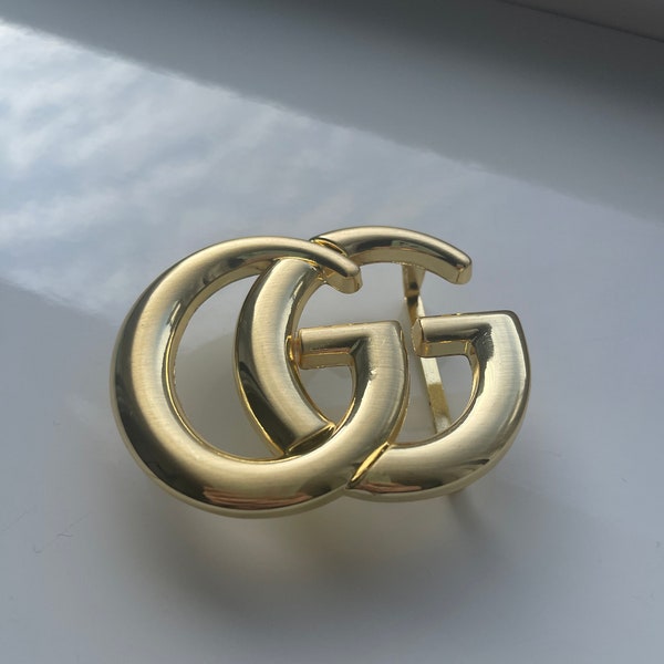 Vintage Gucci GG Gold Belt Buckle Reversible Leather Belt GG Monogram Iron Metal Spell Out Logo