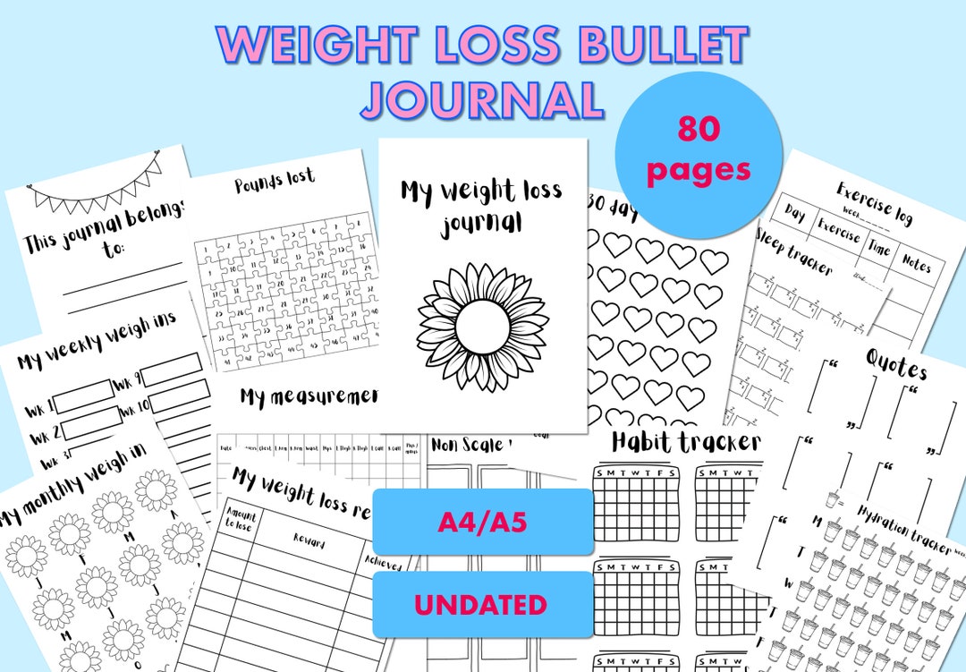 Printable Weight Loss Bullet Journal Undated A4/A5 Fun Templates Black ...