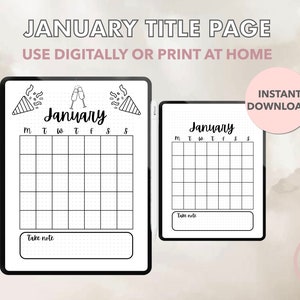 Calendario de la página de título de enero / Calendario de enero imprimible / Página imprimible A4/A5 Portada del diario